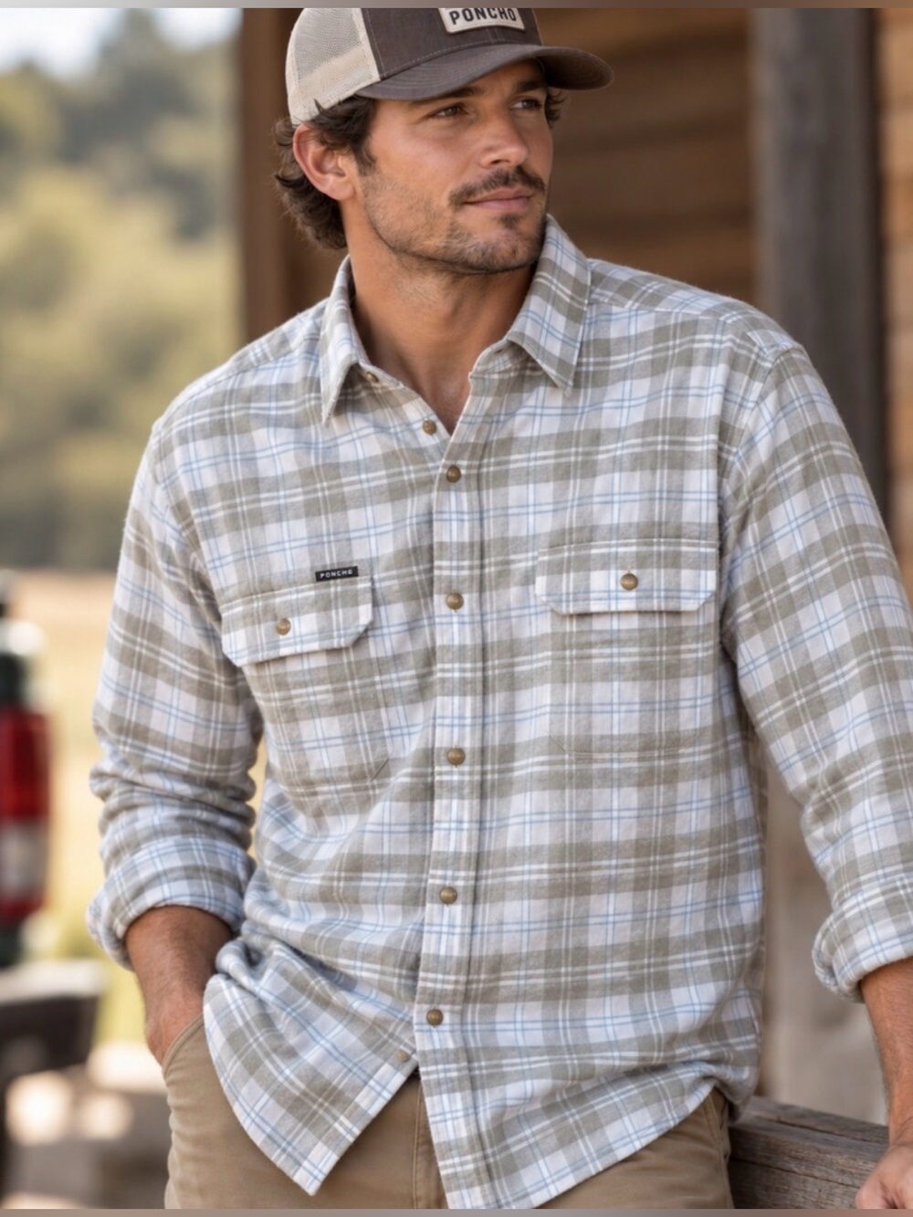 Poncho Snowcat Flannel Shirt Gray Blue Plaid Magnetic Pockets Slim Fit Mens XXL